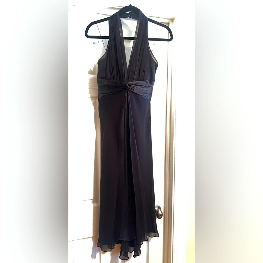 Beautiful tea length sheer over black halter dress
